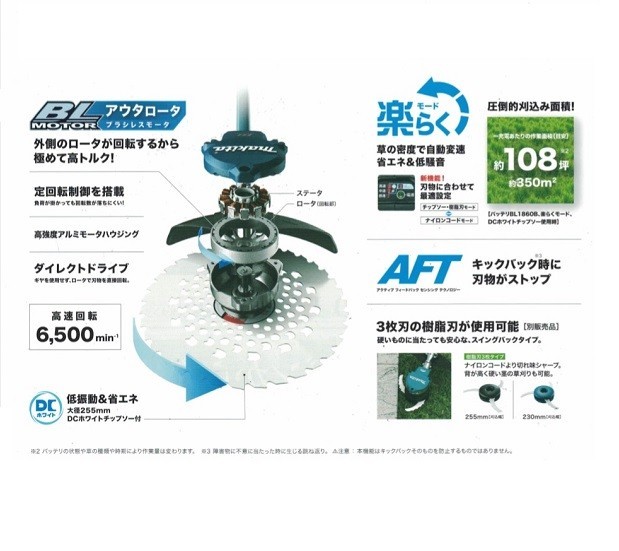 送料無料 マキタ MUR368UDCF 18Vx2=36V 充電式草刈機 Uハンドル仕様 255mmDCホワイトチップソ－付 3.0Ahバッテリ1個付セット 新品 代引不可_画像2