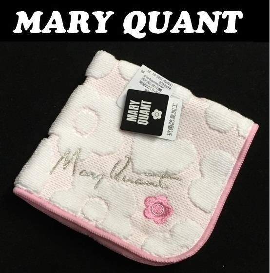 【MARY QUANT】(NO.5319)マリークワント タオルハンカチ ホワイト×ピンク　デイジー　未使用　マリクワ　25cm_画像1