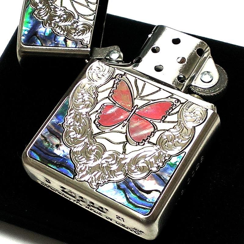 ZIPPO アーマー バタフライ ローズ 重厚 ジッポ ライター 両面加工 シルバー バラ レッド 貝貼り おしゃれ 赤 蝶々 ギフト プレゼント_画像5