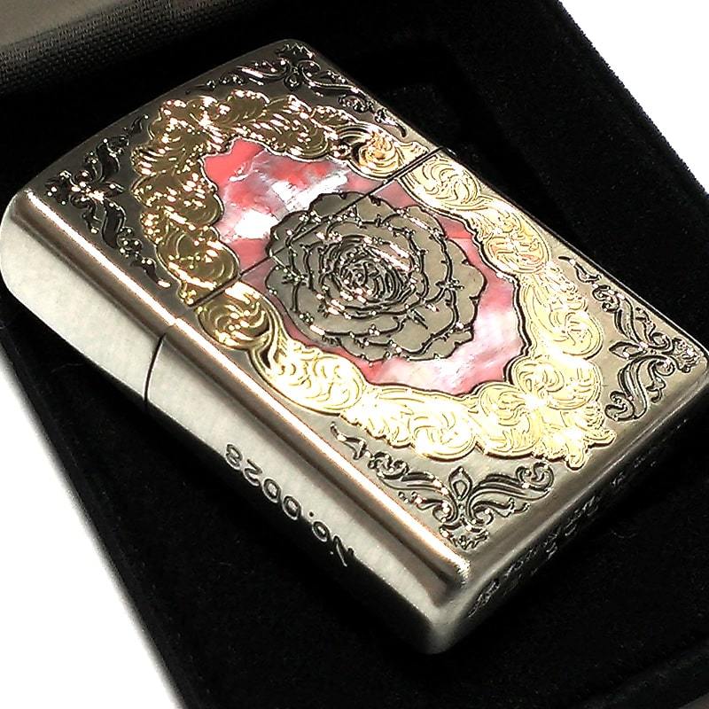 ZIPPO アーマー バタフライ ローズ 重厚 ジッポ ライター 両面加工 シルバー バラ レッド 貝貼り おしゃれ 赤 蝶々 ギフト プレゼント_画像4