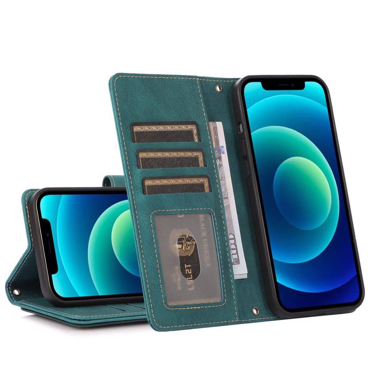iPhone 12 pro max レザーケース iPhone12 pro max ショルダーケース iPhone12 pro max カバー 手帳型 カード収納 ストラップ付き グリーン