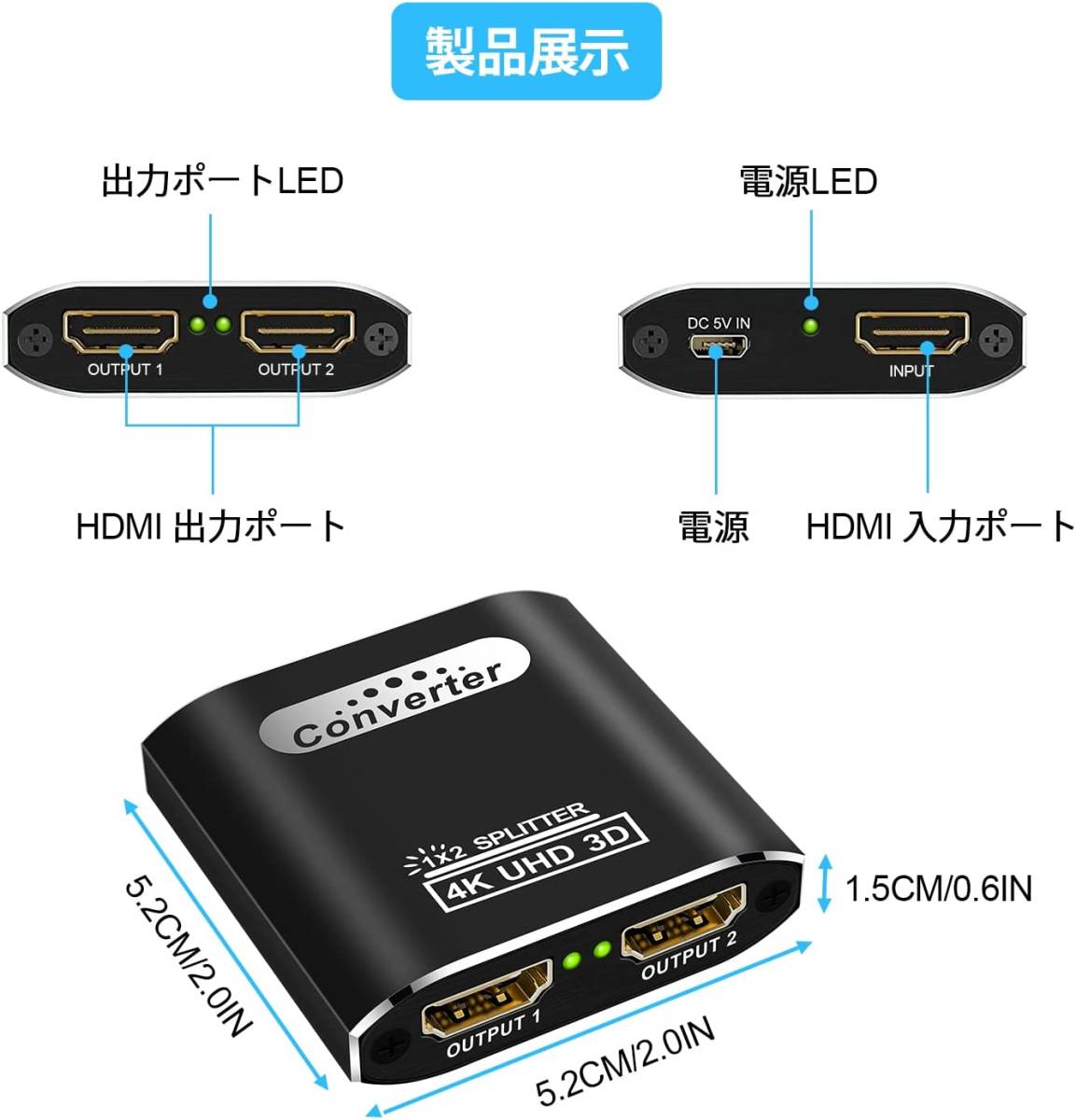 HDMI 分配器 1入力2出力 2画面 同時出力HDMIスプリッター 4K/1080P/720P/3D視覚効果