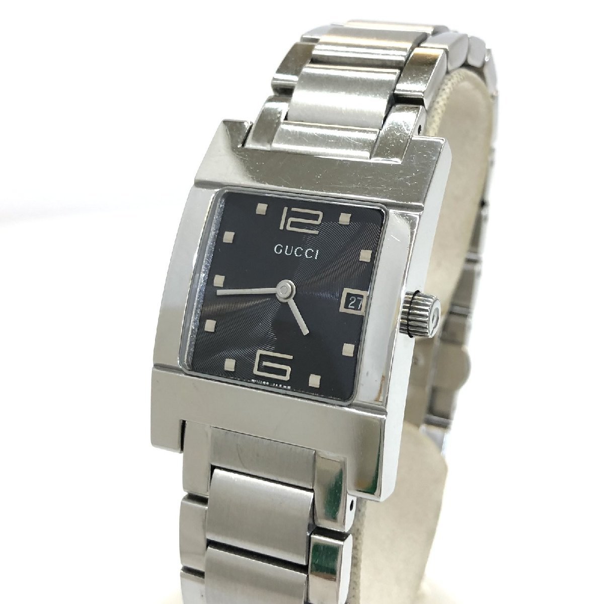 中古 GUCCI グッチ 腕時計 アナログ クォーツ 7700L スクエア シルバー ステンレス 文字盤ブラック ロゴ デイト RLV2642M