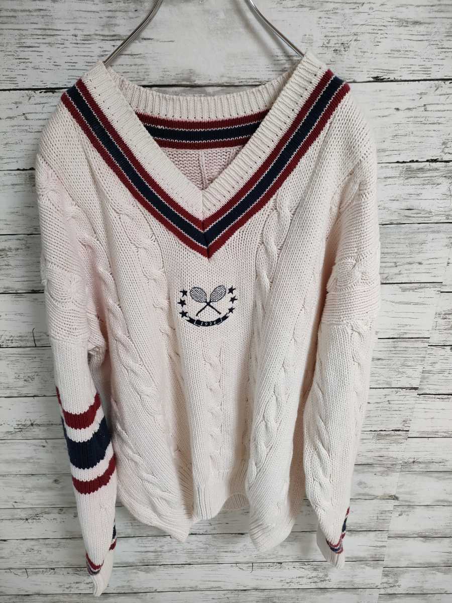 ポロラルフローレン　1992 テニス　Vネック　ケーブルニット　セーター polo Ralph lauren ビンテージ　by Sport