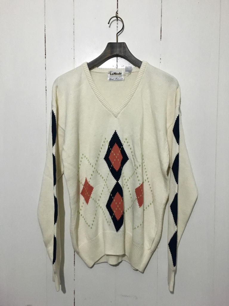 80's 90's☆La Mude Hand Intarsia M ニットセーター Vネック アーガイル USA古着 OLD オールド 袖柄 白 ホワイト_画像1