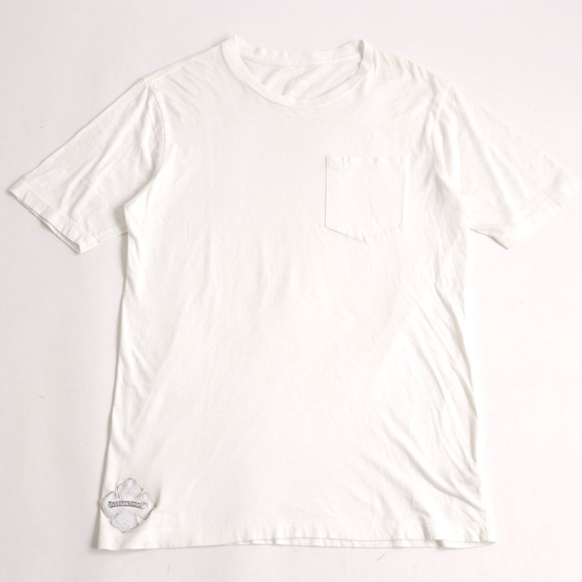 USA製◆CHROME HEARTS クロムハーツ ポケットTシャツ スクロールラベル レザーパッチ クルーネック 半袖 白 S 正規品 メンズ