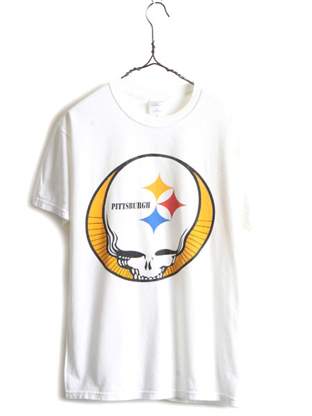 00s オールド ■ NFL ピッツバーグ スティーラーズ グレイトフルデッド プリント 半袖 Tシャツ メンズ M / 古着 00年代 アメフト スカル 白