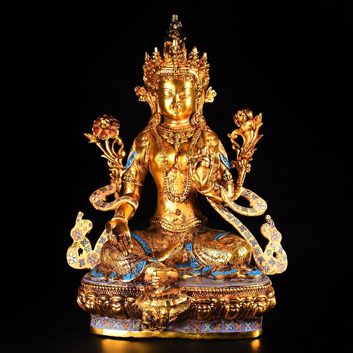 【旧家収蔵品】N296清代 仏教美術 チベット密教 銅塗金嵌金絲景泰藍度母造像 仏像