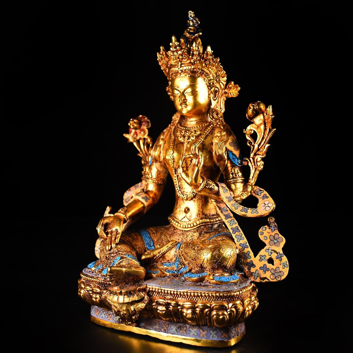 【旧家収蔵品】N296清代 仏教美術 チベット密教 銅塗金嵌金絲景泰藍度母造像 仏像