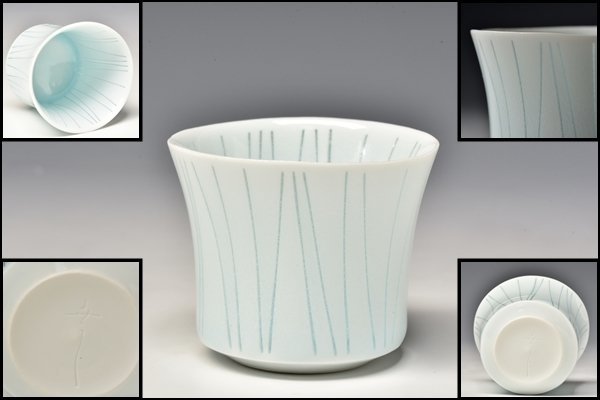 SP3902 井倉幸太郎 白磁 青白磁 線文 蛍手 酒呑 ぐい呑 酒盃 盃 酒 SP3902 井倉幸太郎 白磁 青白磁 線文 蛍手 酒呑 ぐい呑 酒盃 盃 酒