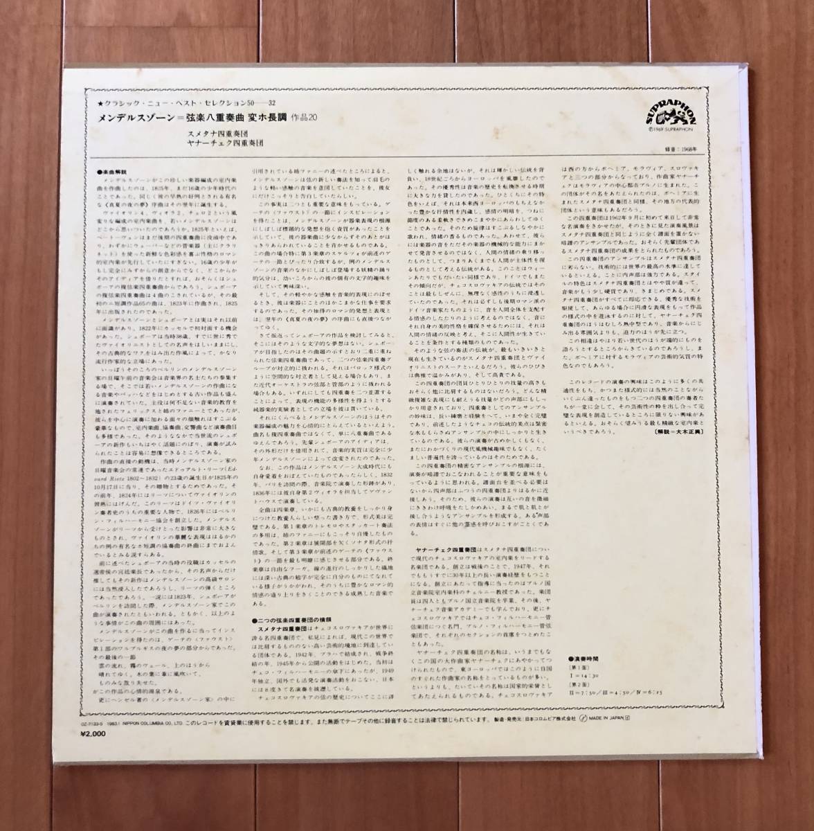 LP-Sep / 日本コロムビア_Supraphon / スメタナ弦楽四重奏団 & ヤナーチェク弦楽四重奏団 / メンデレスゾーン_弦楽八重奏曲 作品20_画像2