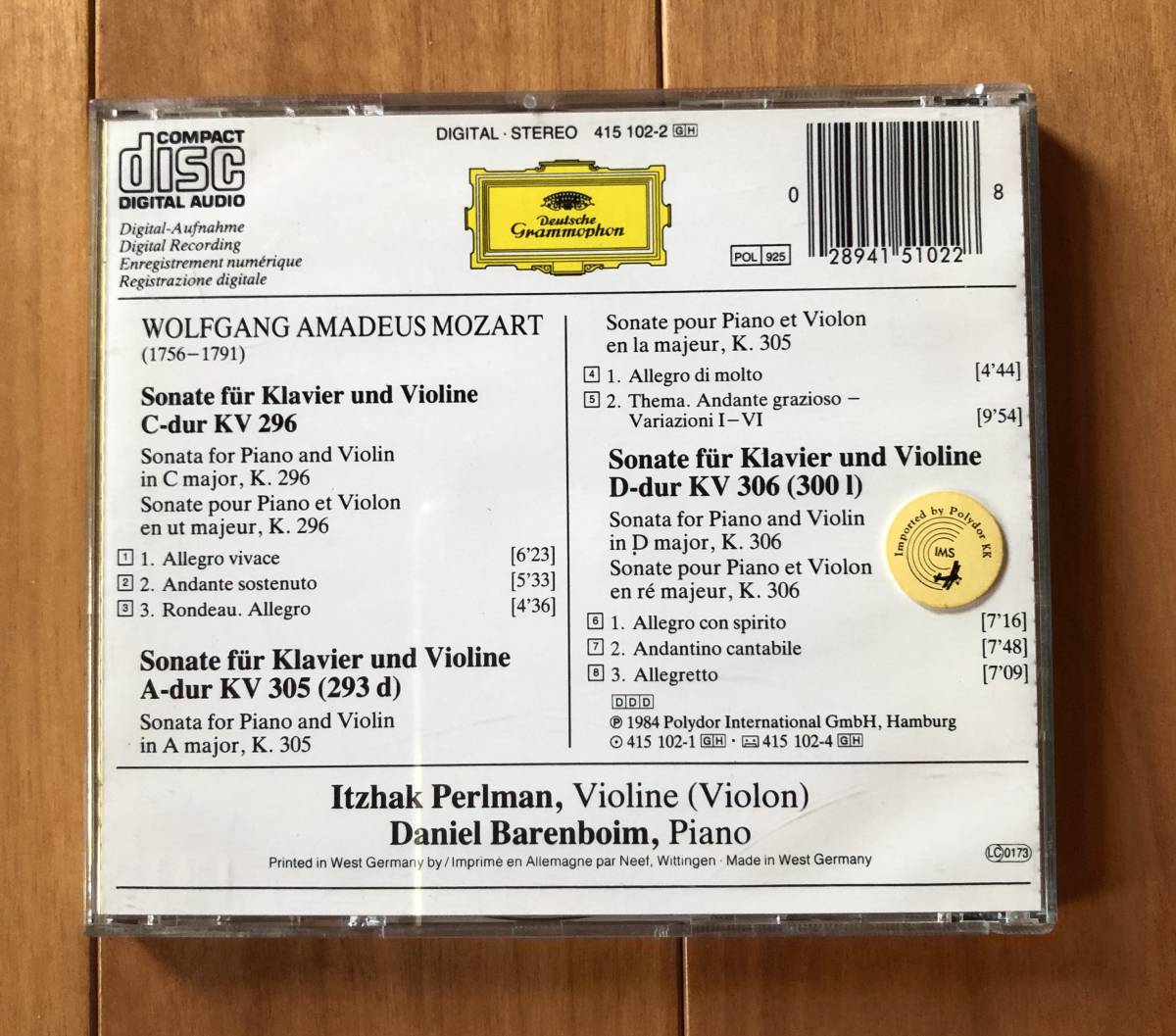 CD-Sep / 独 DG / Itzhak Perlman (vn) Daniel Barenboim (p) / MOZART_Sonata for Piano and Violin K.296, K.305, K.306_画像2