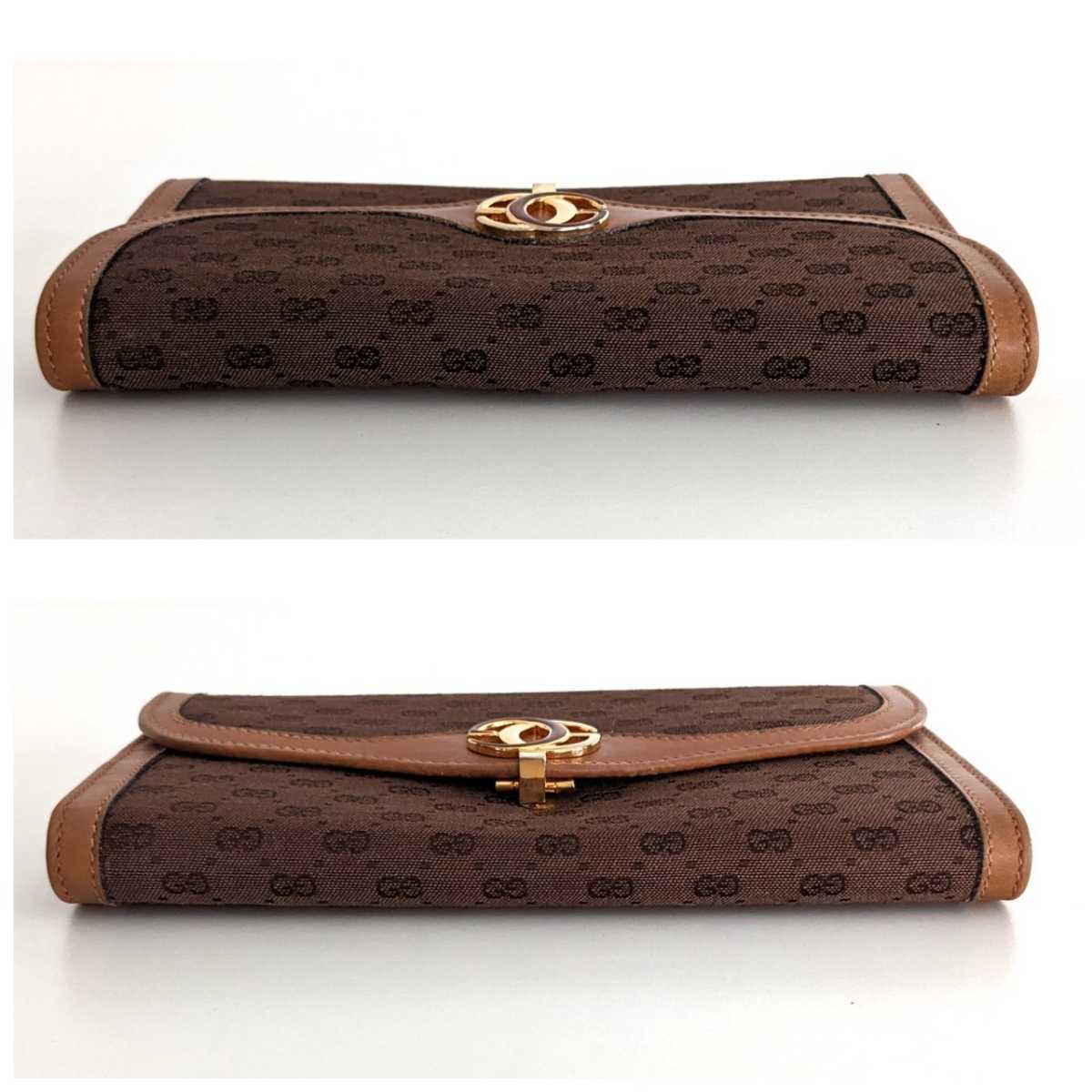 良品 GUCCI オールドグッチ がま口 ビンテージ レザー キャンバス GG モノグラム 長財布 キャメル ブラウン イタリア製 レディース メンズ