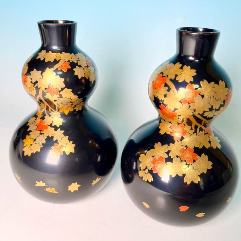 ☆ わじま慶塚 輪島塗 春秋(桜・紅葉)金蒔絵 徳利 一対(共箱共布