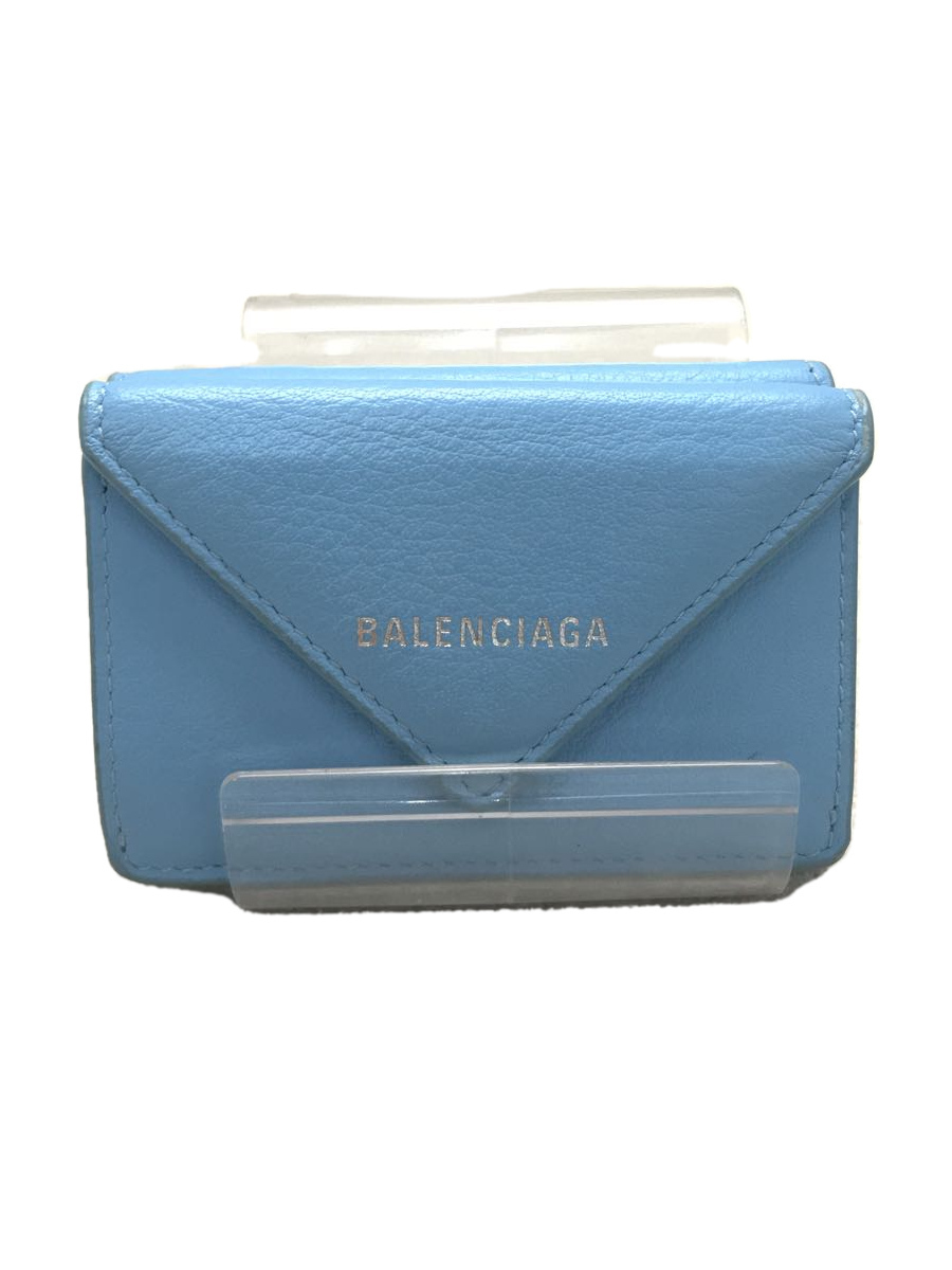 BALENCIAGA◇ペーパーミニウォレット/3つ折り財布/レザー/BLU/391446