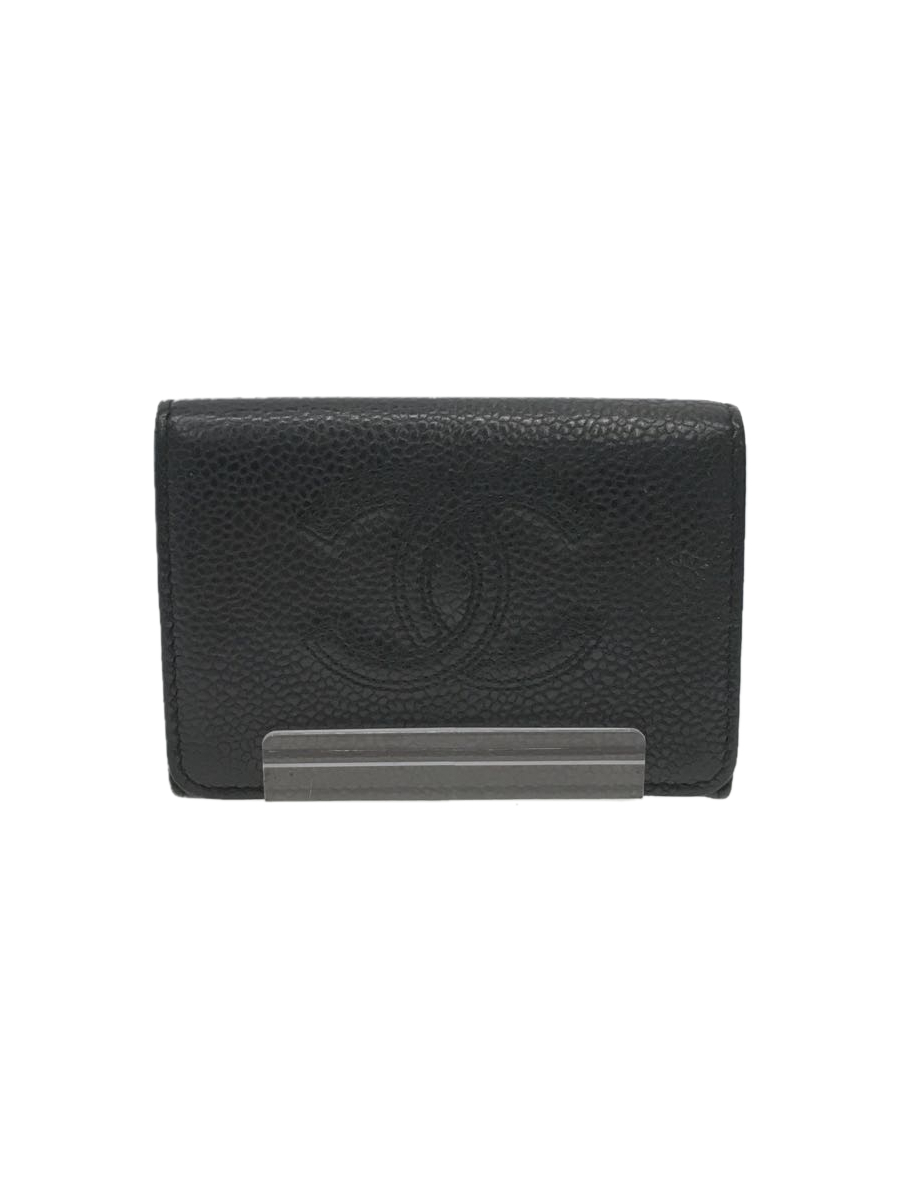 CHANEL◇3つ折り財布/レザー/BLK/ココマーク/コンパクト/箱/ギャラ有