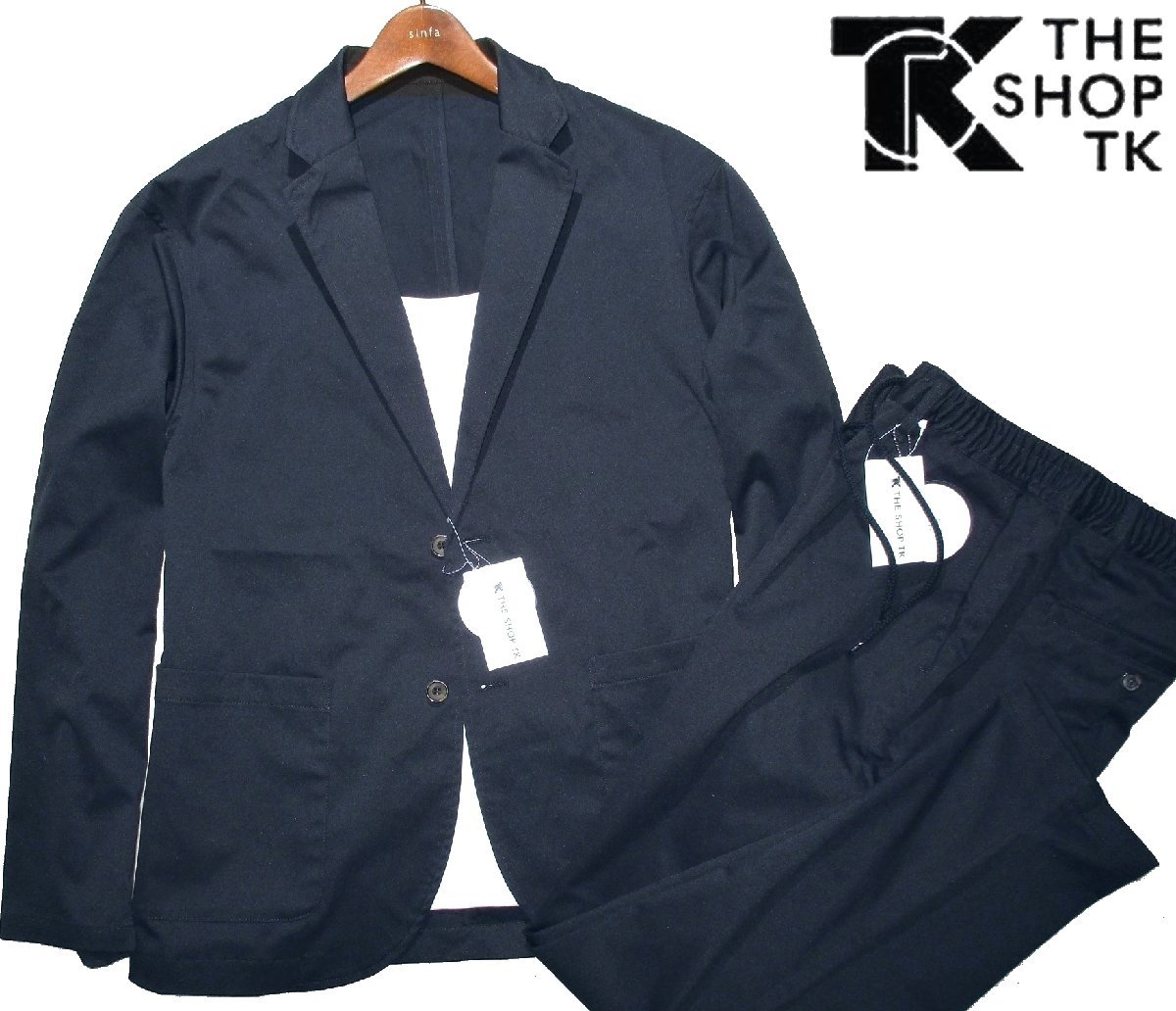 新品ラス1 L ▽ タケオキクチ THE SHOP TK ▽ ストレッチ スーツ ライトスーツ クイックドライ テーラードジャケット パンツ メンズ  紺