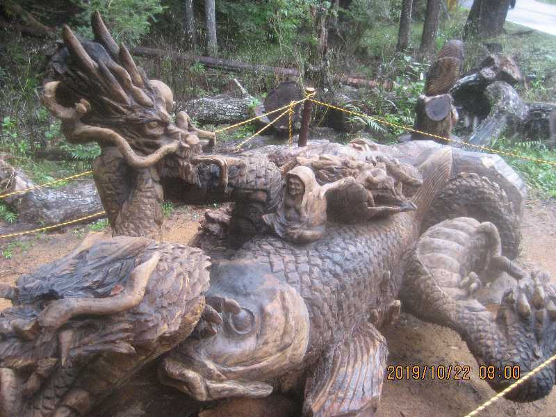 ※価格相談大歓迎　巨木木彫品　チェンソーアート　達磨大師と鯉と龍神達　ZIN046501