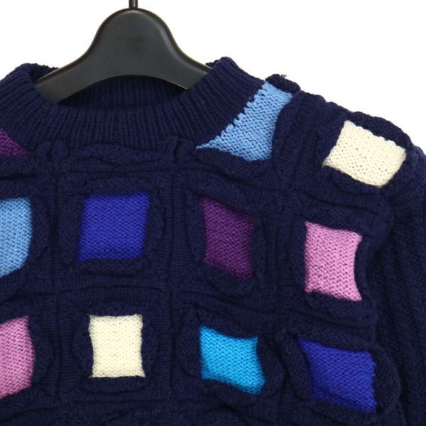 希少 90s I.S. ISSEY MIYAKE イッセイミヤケ 秋冬 チェック デザイン ウール ニット セーター Sz.M レディース ネイビー D2T02119_9#K