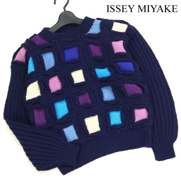 希少 90s I.S. ISSEY MIYAKE イッセイミヤケ 秋冬 チェック デザイン ウール ニット セーター Sz.M レディース ネイビー D2T02119_9#K