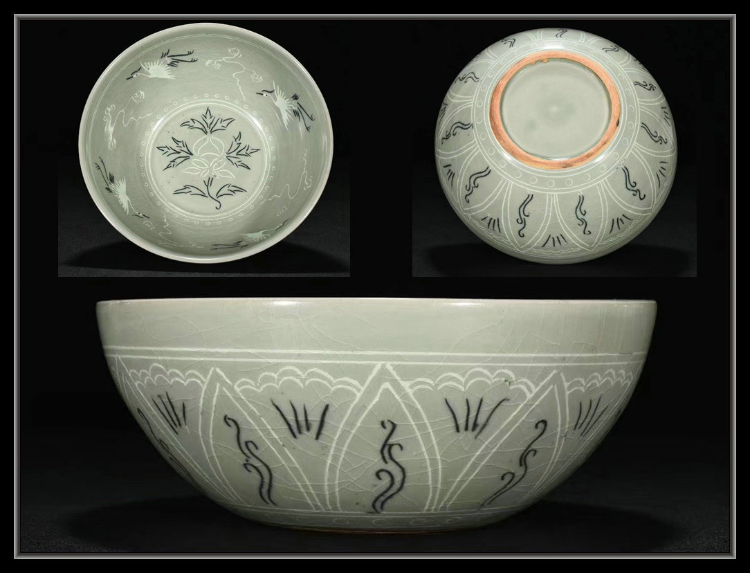 多寶屋】BA975□古美術品!高麗青磁象嵌花卉雲鶴紋羅漢大碗□高さ8.5