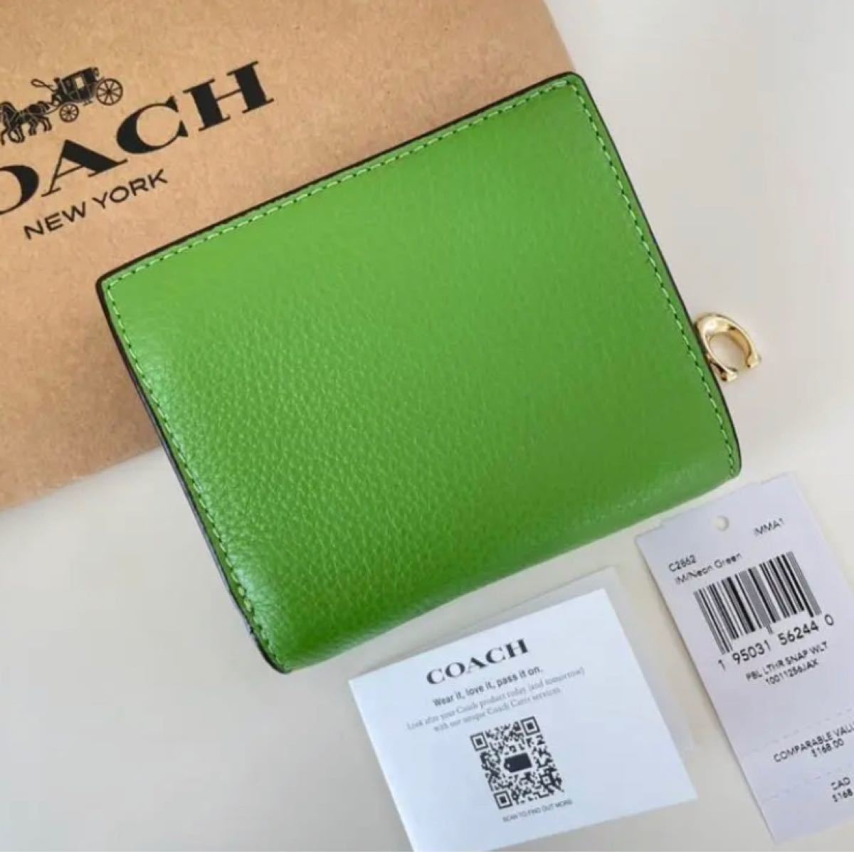 【新品・美品】COACH コーチ 折り財布 ネオングリーン 緑色 二