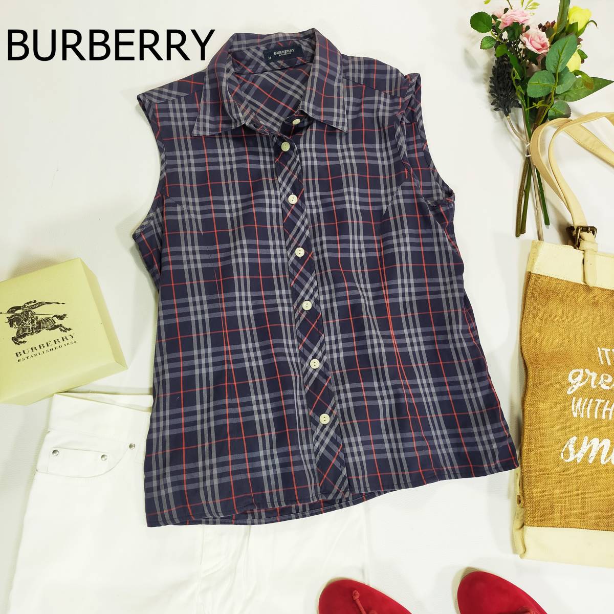 BURBERRY バーバリー シャツ サイズM ネイビー レッド チェック ノースリーブ ボタン 前開き シンプル 襟 コットン100％ ブラウス 3046_画像1