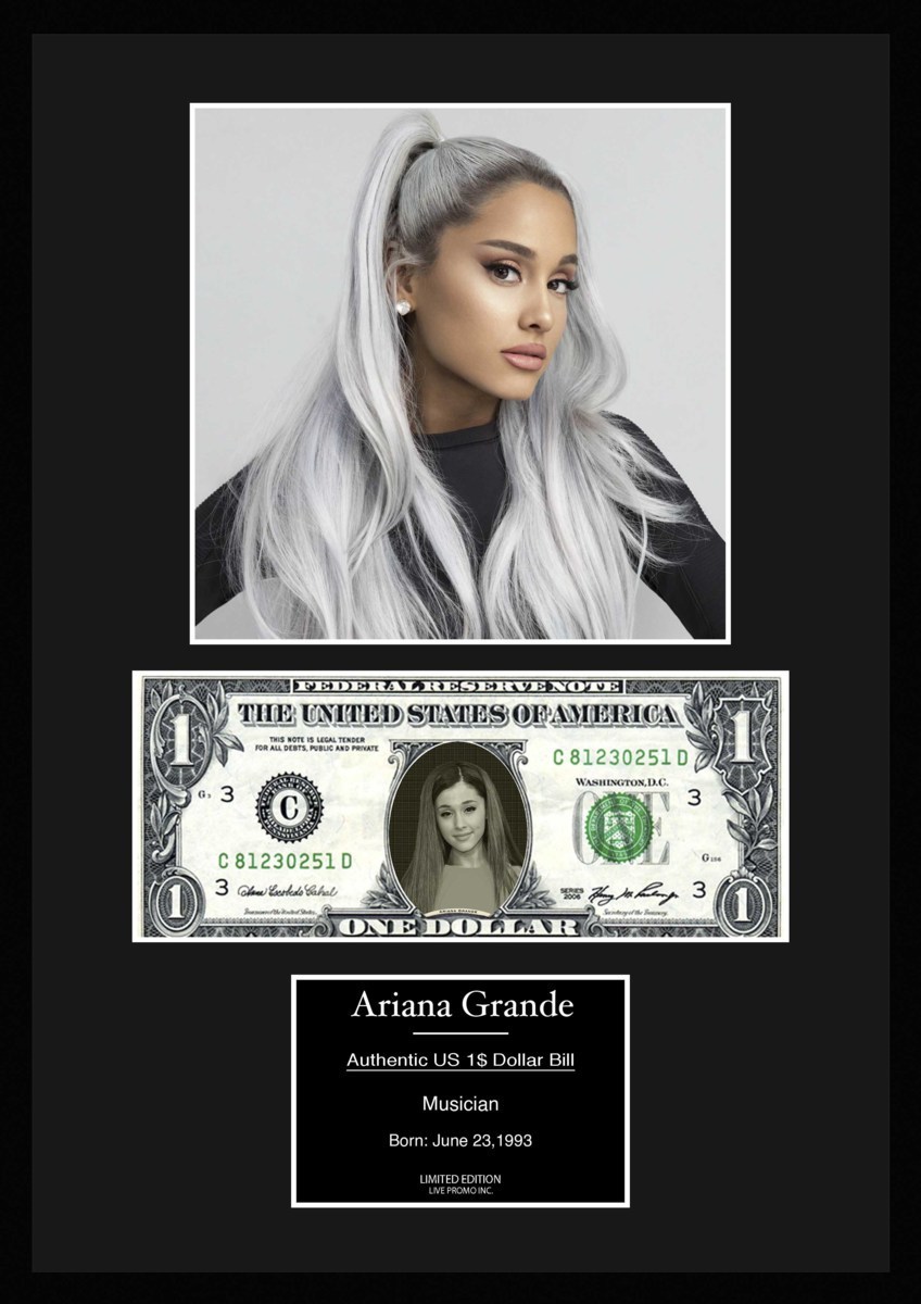 限定!人気【アリアナ・グランデ/Ariana Grande】POP/R&B/ポップ/写真/本物USA1ドル札フレーム証明書付き/カラー/7_画像1