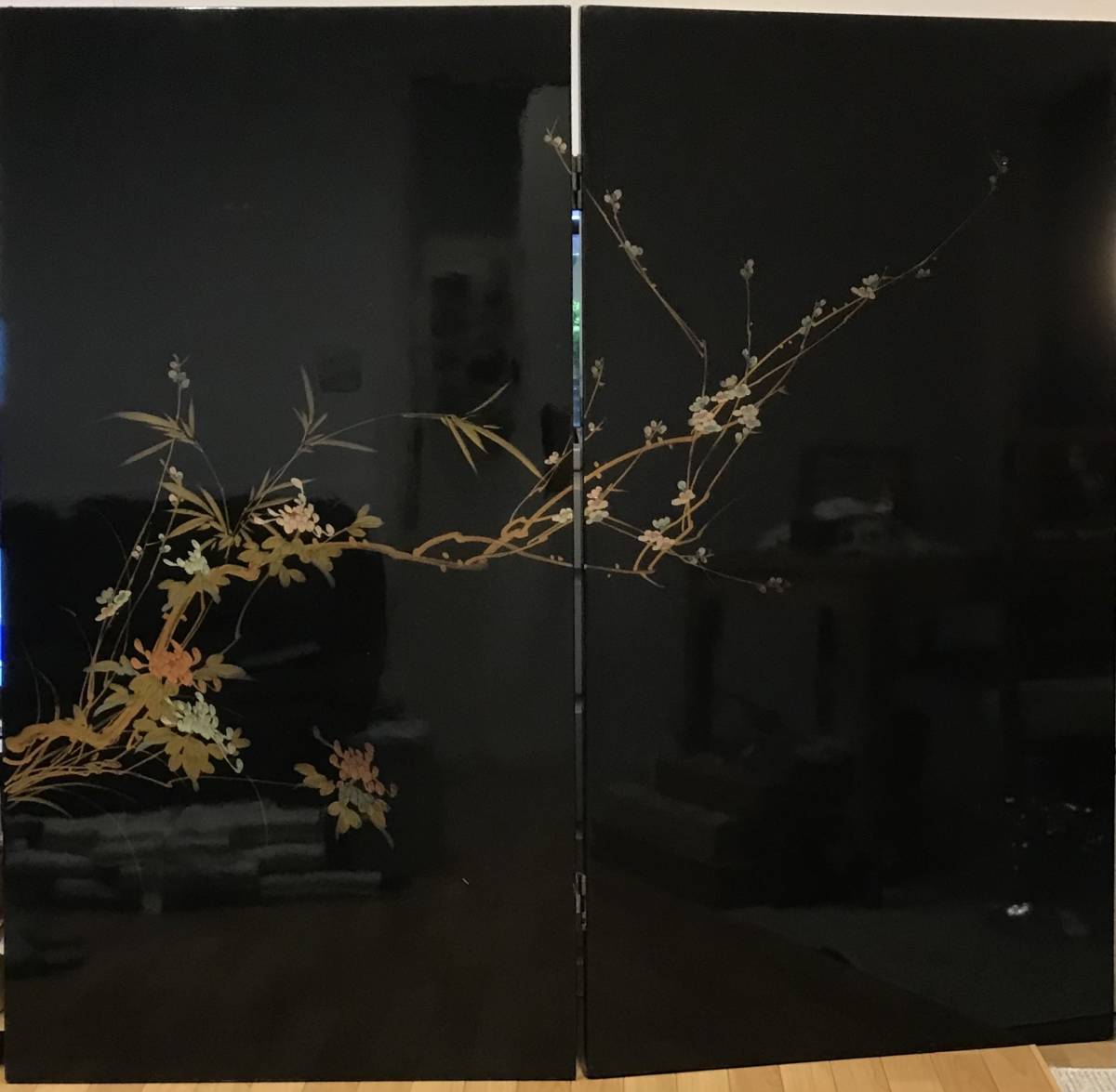 ☆金屏風☆両面屏風(虎&四君子) ニ曲屏風(横81cm縦152.2cm 厚2.5cm