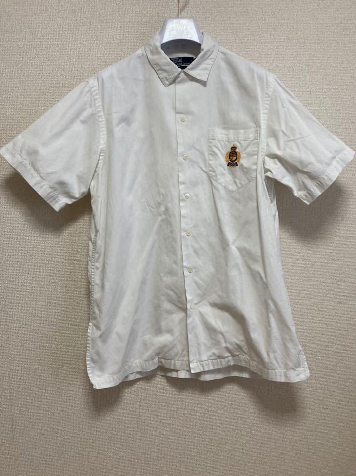 90's ヴィンテージ Polo by Ralph Lauren ポロ ラルフローレン オープンカラーシャツ コットンシャツ 半袖シャツ 白 M 胸ポケ 刺繍の画像1