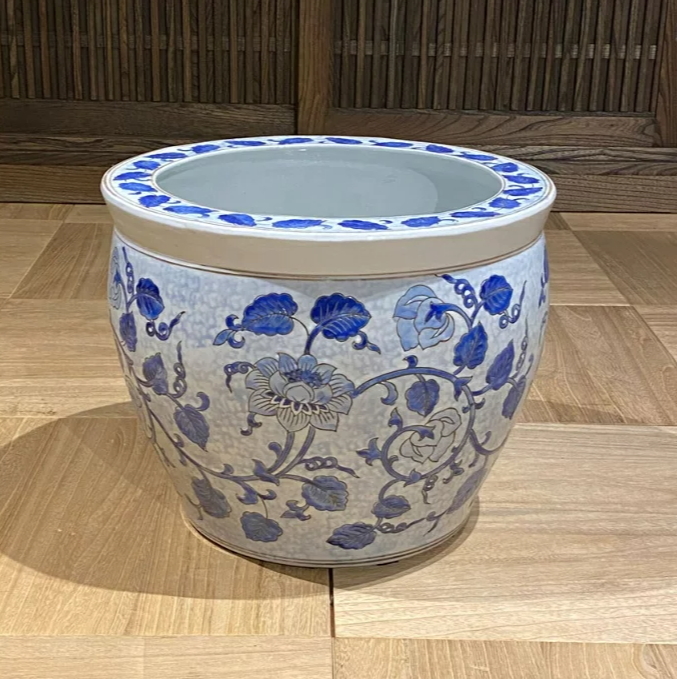 睡蓮鉢 陶器製 アンティーク 大型 水鉢 火鉢 メダカ鉢 藍 熱帯魚