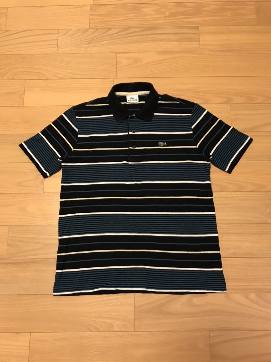 良品☆ファブリカ社・LACOSTE/ラコステ　サイズ3 半袖鹿の子ポロシャツ　ワニマークロゴ入&マルチボーダー柄 フレンチブランド //フランス_画像2