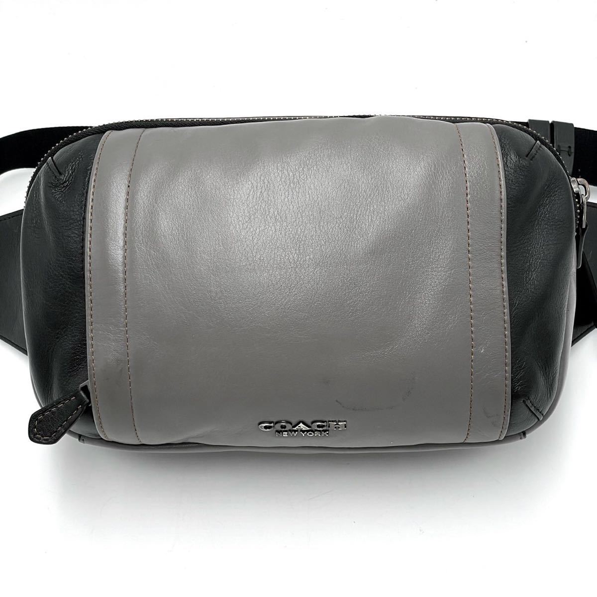 1円 極美品 COACH コーチ メンズ ボディバッグ ウエストポーチ ショルダーバッグ レザー F37594 グレー ブラック 斜め掛け 黒 レディース