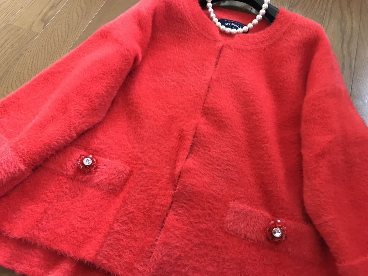 買い保障できる ◇エムズグレイシー◇美品綺麗♪ 40◇レッド ニット 新品在庫有り エムズグレイシー M's ウール ビジュー ダブルジップカーディガン GRACY カーディガン/ボレロ