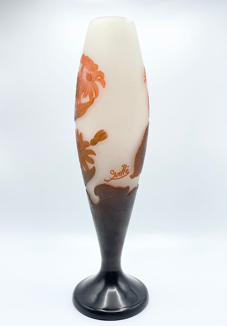エミール・ガレ Emile Galle サイネリア文花瓶 被せガラス 酸化腐食彫 花器 シネラリア 蕗桜 本物保証の画像9