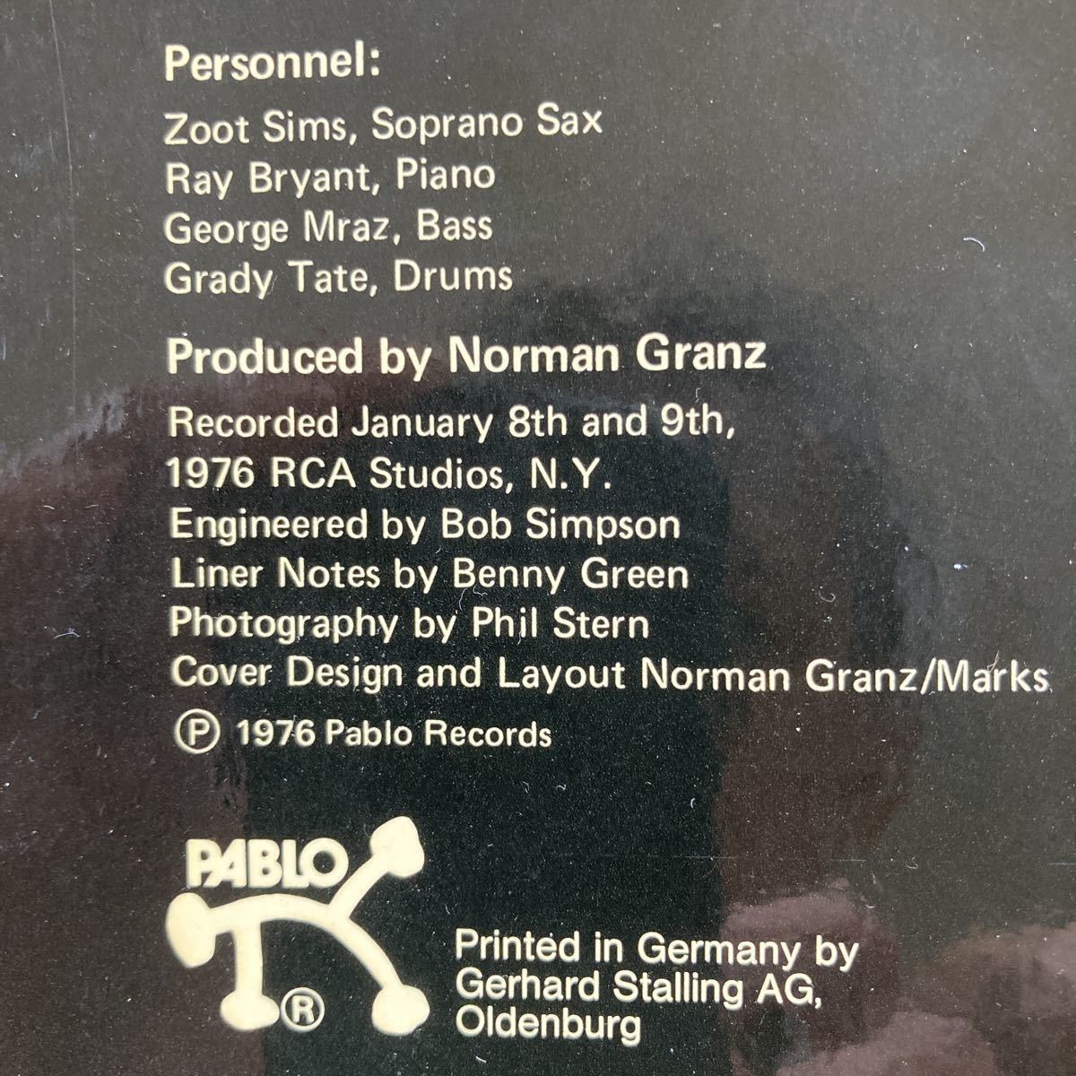 ズート・シムズ【Zoot Sims： Soprano Sax】1976 PABLO/ドイツ盤 (with Ray Bryant, George Mraz & Grady Tate) 於NY1976録音/Norman Granz_画像6