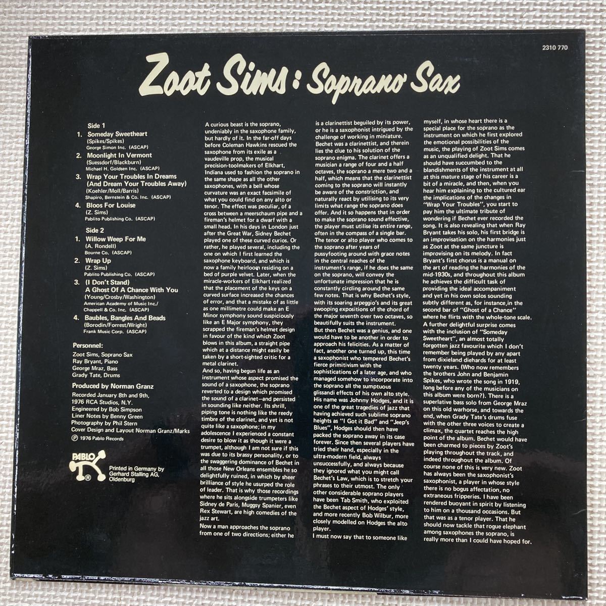 ズート・シムズ【Zoot Sims： Soprano Sax】1976 PABLO/ドイツ盤 (with Ray Bryant, George Mraz & Grady Tate) 於NY1976録音/Norman Granz_画像2