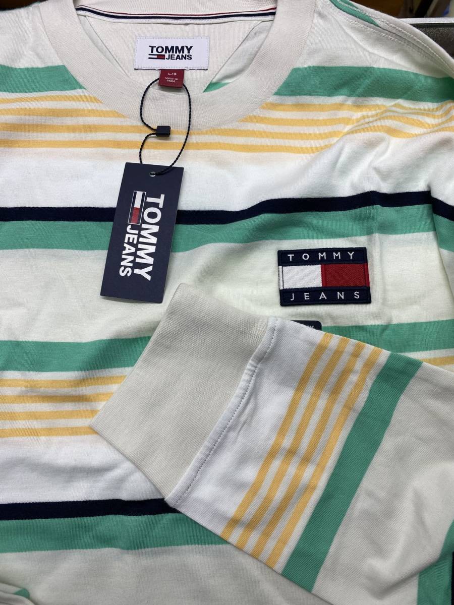 TOMMY HILFIGER USA正規品 【XL】 TommyJeans トミージーンズ TJ オーバーサイズ 90s ストライプ 長袖Tシャツ バッジロゴ (R4F-20) 綿100％_画像2