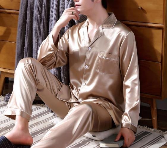 LHK1833* long sleeve men's pyjamas room wear part shop put on & long trousers front opening pyjamas silk type top and bottom set 