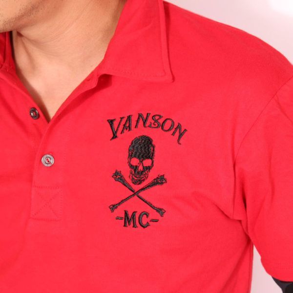 当店別注 VANSON バンソン フェイクレイヤード 長袖 ポロシャツ レッド【Mサイズ 】NVPS-519 バイカー アメカジ 刺繍_画像3