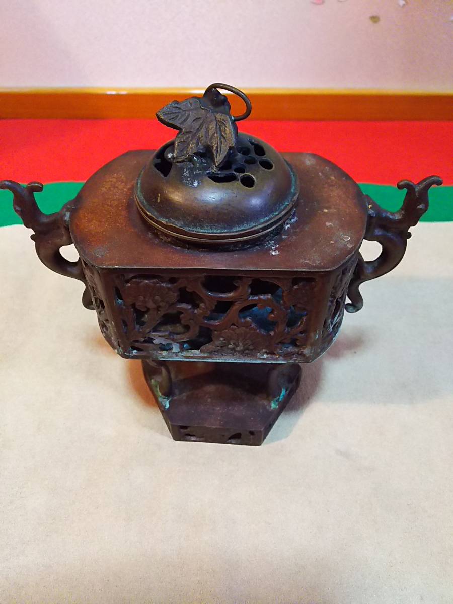 中国 古銅宣徳銅 兜形獅子香炉 四方香炉 D R4250-