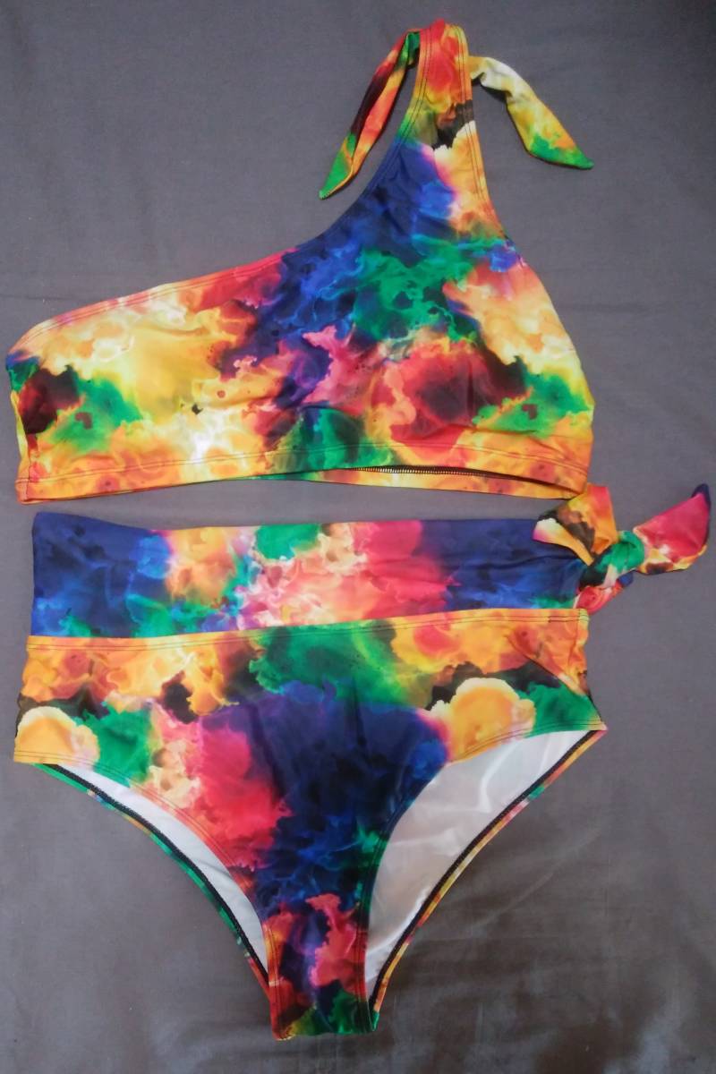 [ new goods * unused ] Rainbow Pride 2XL size one shoulder bikini swimsuit [ rainbow color * multicolor * colorful * rhinoceros ketelik]