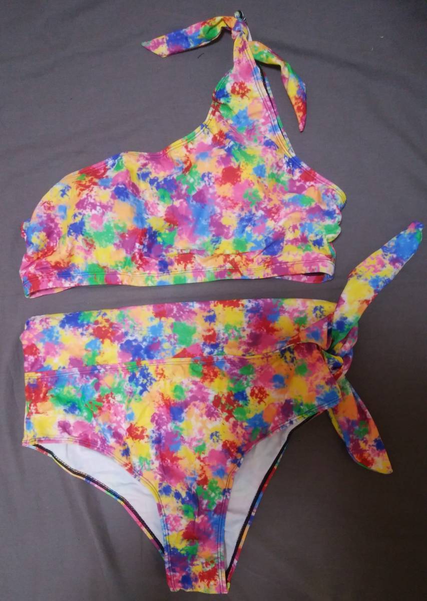 [ new goods * unused ] Rainbow Pride 2XL size one shoulder bikini swimsuit [ rainbow color * colorful * multicolor * rhinoceros ketelik]