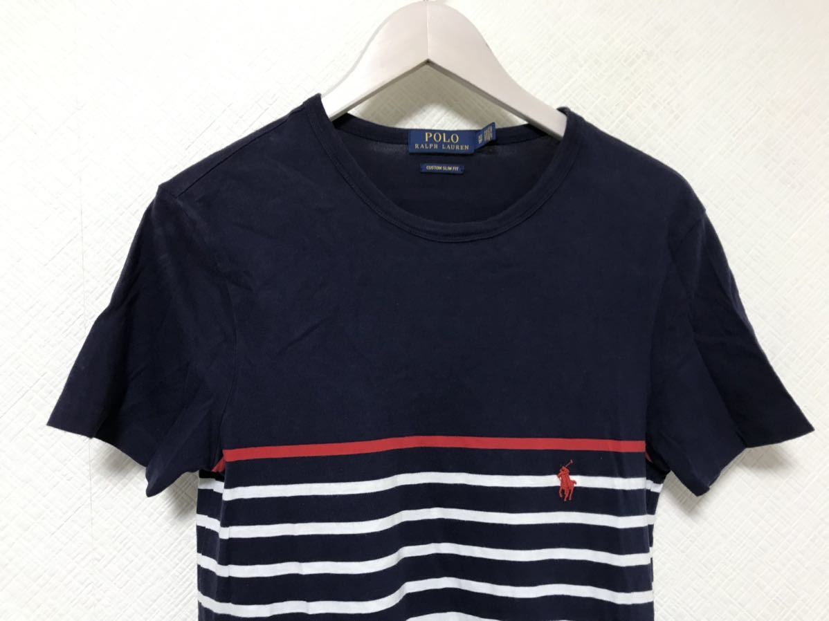 本物ラルフローレンRalphLaurenコットンボーダー柄半袖Tシャツメンズサーフアメカジビジネススーツ紺ネイビーXS