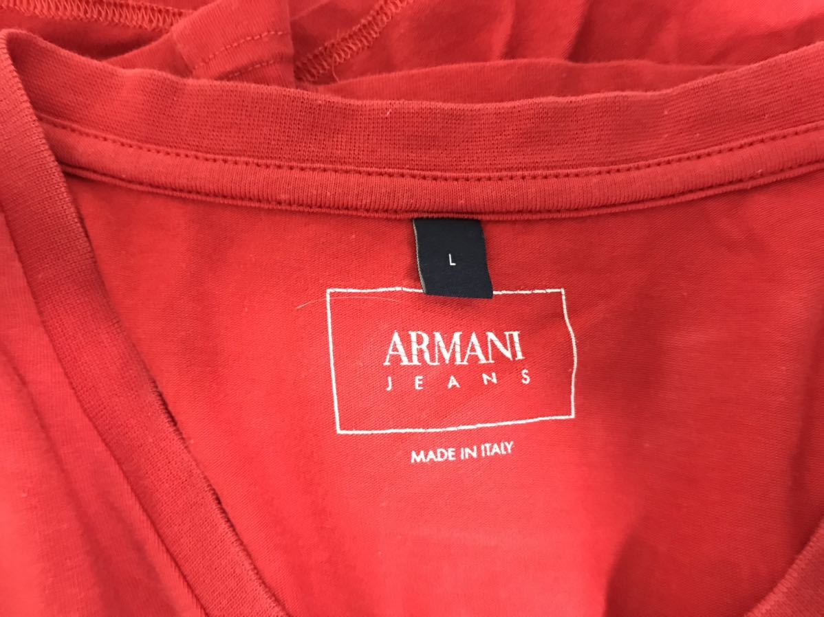 本物アルマーニジーンズARMANI JEANSコットンストレッチVネックロゴプリント半袖Tシャツメンズビジネススーツサーフ赤レッドLイタリア製