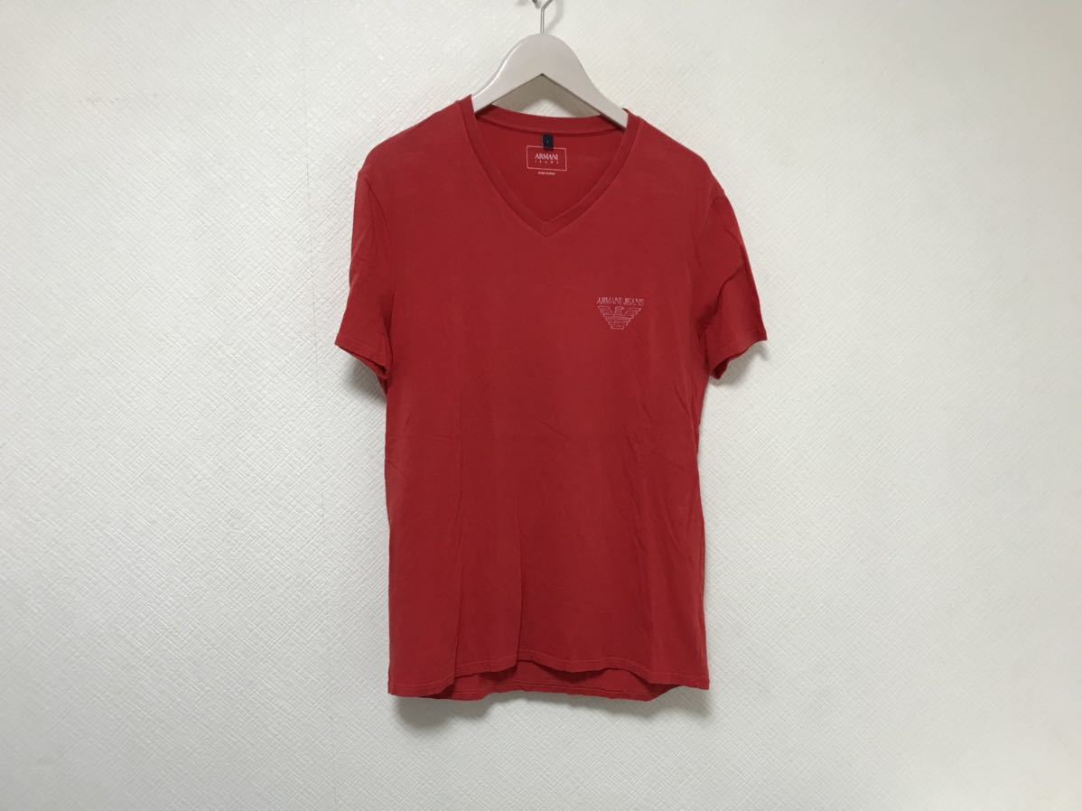 本物アルマーニジーンズARMANI JEANSコットンストレッチVネックロゴプリント半袖Tシャツメンズビジネススーツサーフ赤レッドLイタリア製