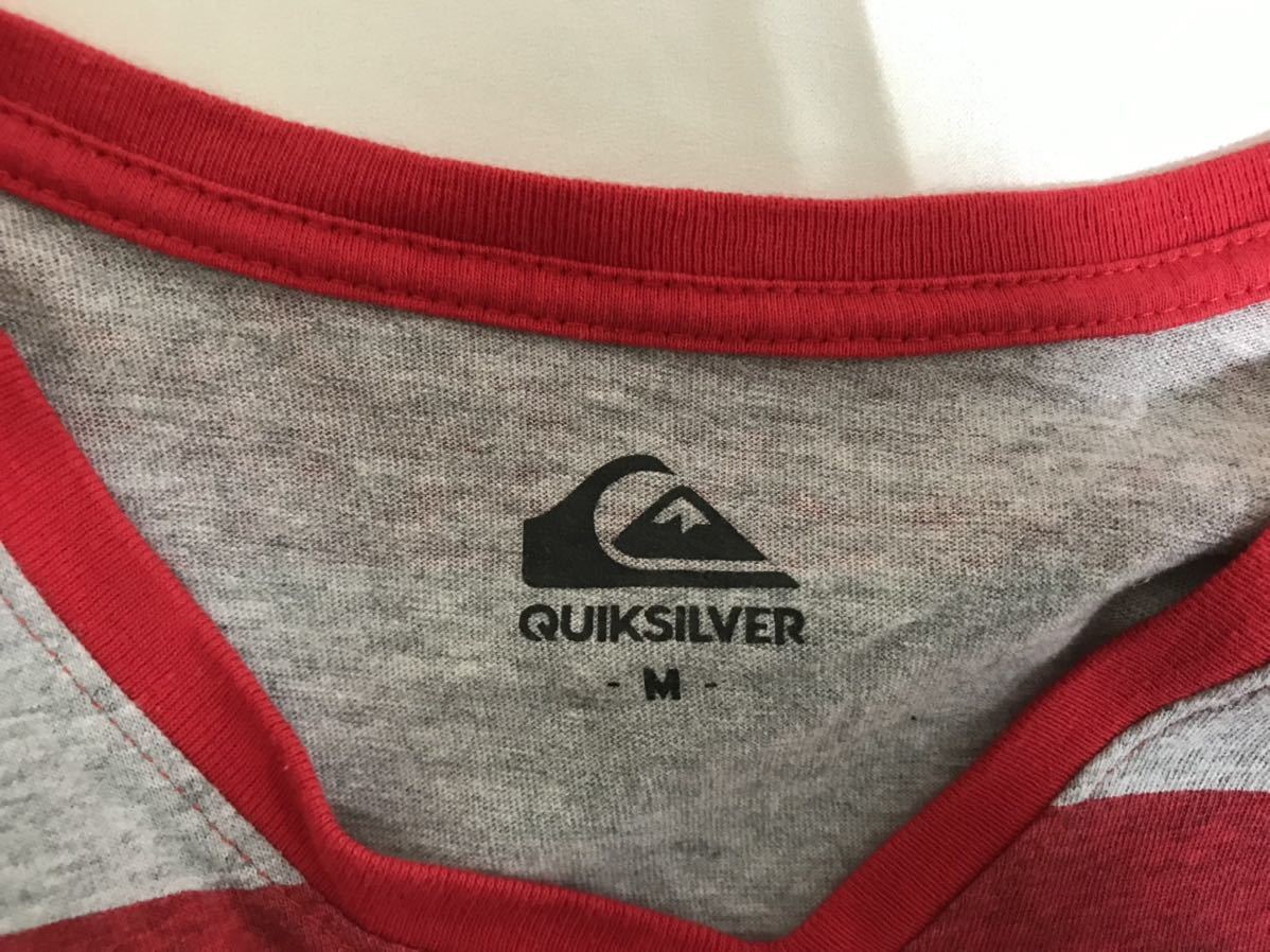 本物クイックシルバーQUIKSILVERコットンボーダー柄半袖TシャツメンズビジネススーツアメカジサーフMグレー赤レッド