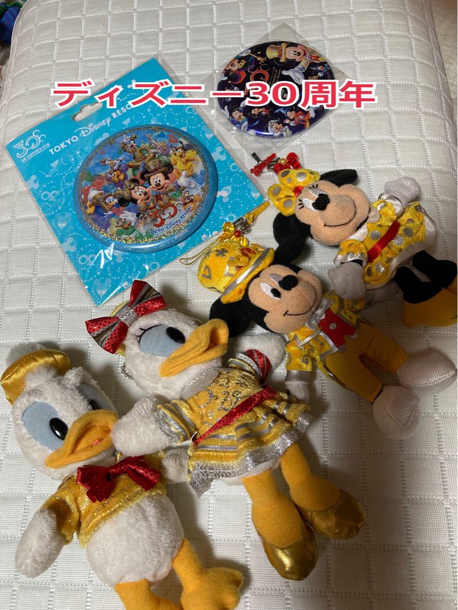 ディズニーランド30周年  ドナルド&デイジーのぬいぐるみバッチとミッキー&ミニーのストラップ、イヤホンジャック　缶バッチセット