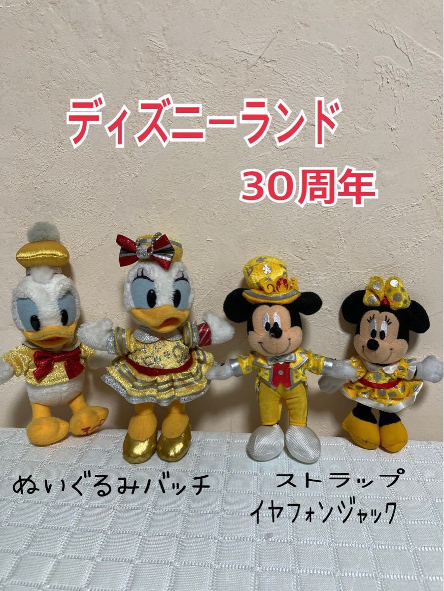 ディズニーランド30周年  ドナルド&デイジーのぬいぐるみバッチとミッキー&ミニーのストラップ、イヤホンジャック　缶バッチセット