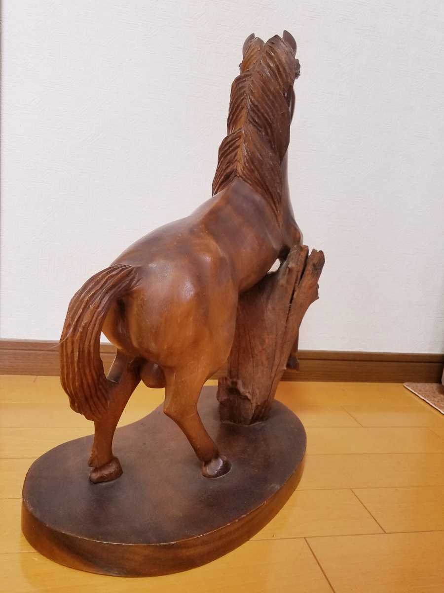 【送料無料】即決 木彫 牡馬 馬像 彫刻 オブジェ 立ち馬 跳ね馬 荒馬 駿馬 総重量約4.4kg 52cm高